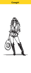 Western Cowgirl Vector Illustration – Stylish Black & White Fashion Portrait