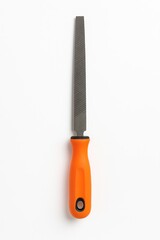 Metal file tool isolated on white background &ndash; high-resolution studio photo of flat hand file with orange handle for metalworking, repair, DIY, and workshop use