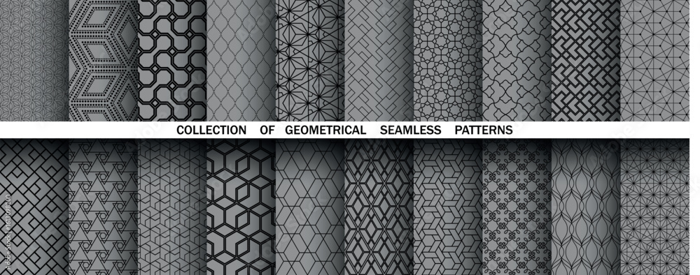 Poster geometric set of seamless black and gray patterns. simple vector graphics