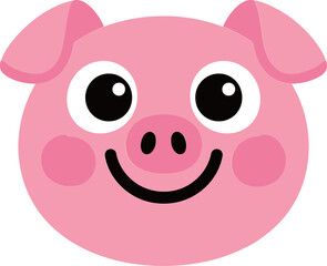 Fototapeta premium Cute Pink Pig Face with Happy Smiling Expression and Rosy Cheeks, Adorable Farm Animal Character Isolated on White