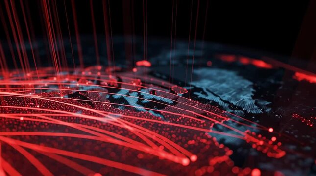 Cybersecurity global data flow in red futuristic digital world map Threat detection and internet defense visualization