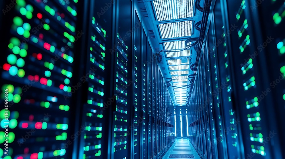 Poster a hyperrealistic photograph of a server room, glowing led lights illuminating rows of powerful serve