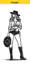 Western Cowgirl Vector Illustration – Stylish Black & White Fashion Portrait
