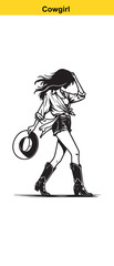 Western Cowgirl Vector Illustration – Stylish Black & White Fashion Portrait