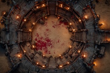 Top-down view of a circular wooden battle arena with staircases, torches, and a bloodstained dirt floor, evoking a gritty fantasy combat setting or ancient gladiator pit