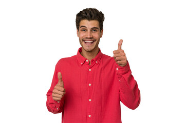 Young handsome caucasian man isolated on white background raising both thumbs up, smiling and confident.