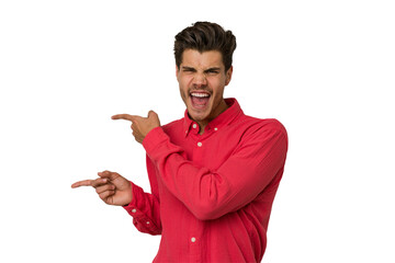 Young handsome caucasian man isolated on white background excited pointing with forefingers away.