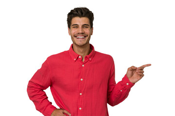 Young handsome caucasian man isolated on white background smiling cheerfully pointing with...