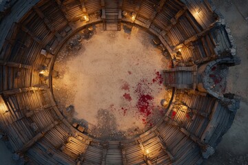 Top-down view of a circular wooden battle arena with staircases, torches, and a bloodstained dirt floor, evoking a gritty fantasy combat setting or ancient gladiator pit
