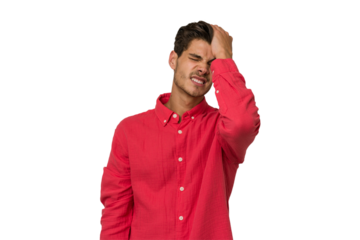 Young handsome caucasian man isolated on white background forgetting something, slapping forehead with palm and closing eyes.