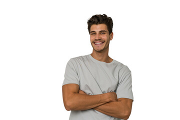 Young handsome caucasian man isolated on white background who feels confident, crossing arms with determination.