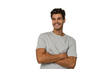 Young handsome caucasian man isolated on white background who feels confident, crossing arms with determination.