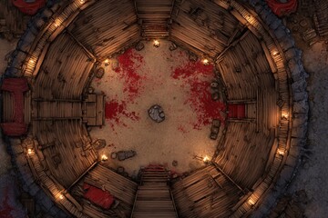 Obraz premium Top-down view of a circular wooden battle arena with staircases, torches, and a bloodstained dirt floor, evoking a gritty fantasy combat setting or ancient gladiator pit