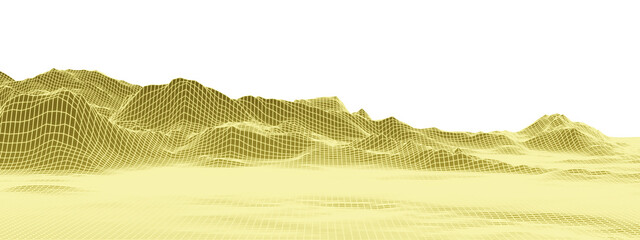3D Yellow mountain wireframe . Grid terrain wireframe