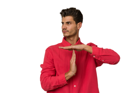 Young handsome caucasian man isolated on white background showing a timeout gesture.