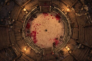 Top-down view of a circular wooden battle arena with staircases, torches, and a bloodstained dirt floor, evoking a gritty fantasy combat setting or ancient gladiator pit