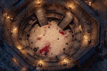 Top-down view of a circular wooden battle arena with staircases, torches, and a bloodstained dirt floor, evoking a gritty fantasy combat setting or ancient gladiator pit