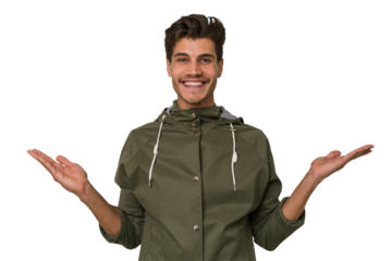 Young handsome caucasian man isolated on white background makes scale with arms, feels happy and confident.