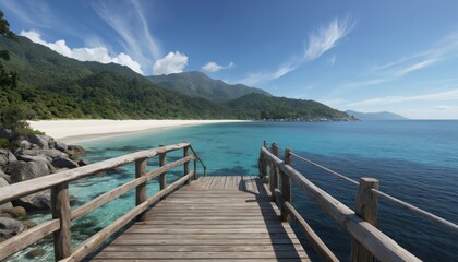 Wooden pier on rocky island extends into deep blue ocean. Small walkway leads to calm water. Lush plants surrounds pier, light blue sky with fluffy white clouds.