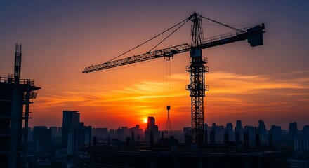 Silhouette of construction crane at sunset, urban skyline, dramatic mood, building project.
