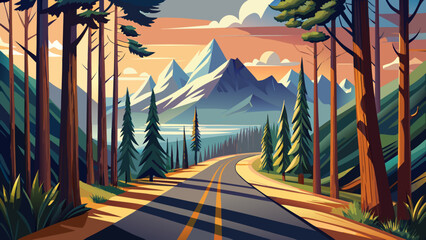 Tall trees and detailed light-shadow contrasts, in a semi-realistic style, bring the road to the mountains to life; every turn tells a new chapter of the journey.