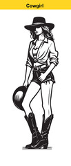 Western Cowgirl Vector Illustration – Stylish Black & White Fashion Portrait
