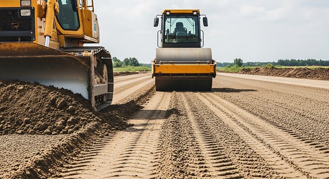 Heavy machinery grading sandy soil: bulldozer and road roller on construction site.