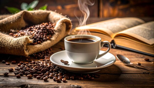 Steaming coffee cup on saucer, beside burlap sack of beans and open book on wooden surface