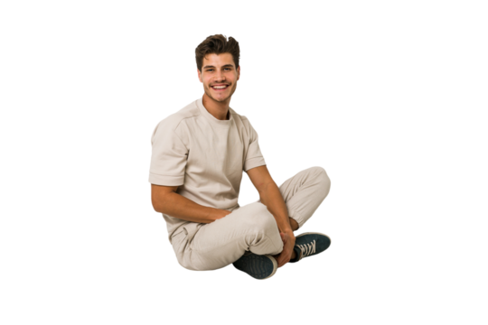Young caucasian man sitting on the floor isolated on white background