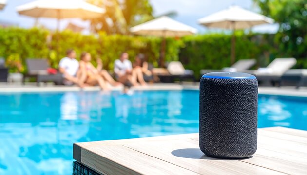 Smart speaker by pool, sunny day