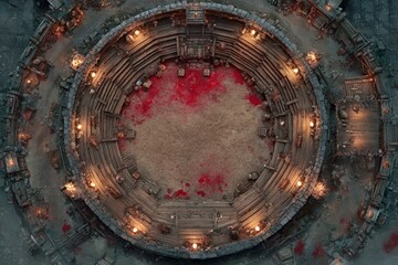 Obraz premium Top-down view of a circular wooden battle arena with staircases, torches, and a bloodstained dirt floor, evoking a gritty fantasy combat setting or ancient gladiator pit
