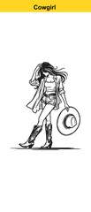 Western Cowgirl Vector Illustration – Stylish Black & White Fashion Portrait