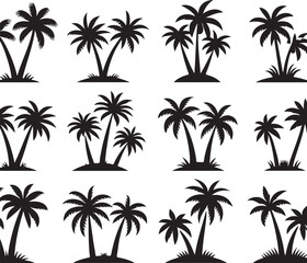 Palm tree silhouettes on a tropical summer landscape with beach and nature elements