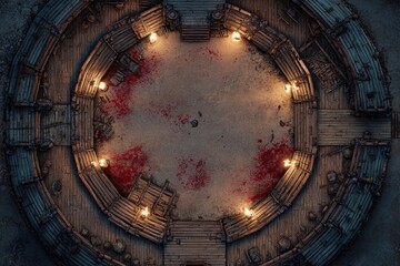 Top-down view of a circular wooden battle arena with staircases, torches, and a bloodstained dirt floor, evoking a gritty fantasy combat setting or ancient gladiator pit