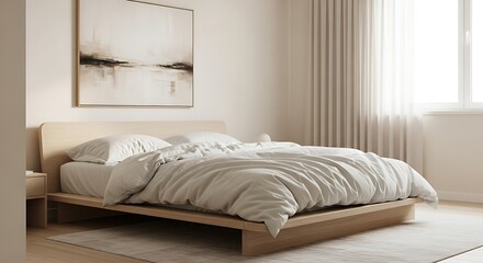 Obraz premium Serene Minimalist Bedroom: Light Wood Platform Bed, Neutral Bedding, Abstract Art