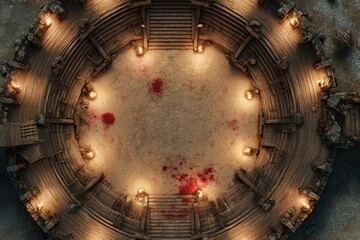 Obraz premium Top-down view of a circular wooden battle arena with staircases, torches, and a bloodstained dirt floor, evoking a gritty fantasy combat setting or ancient gladiator pit