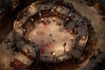 Top-down view of a circular wooden battle arena with staircases, torches, and a bloodstained dirt floor, evoking a gritty fantasy combat setting or ancient gladiator pit