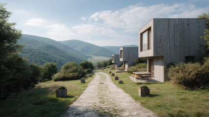 closeup view of modern wooden building facades that seamlessly blend with nature