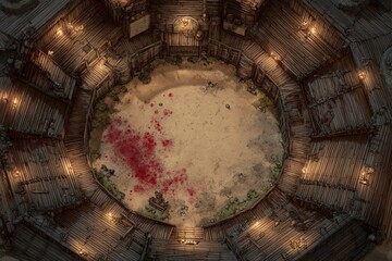 Top-down view of a circular wooden battle arena with staircases, torches, and a bloodstained dirt floor, evoking a gritty fantasy combat setting or ancient gladiator pit