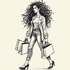 Fashionable woman with flowing hair carrying shopping bags, embodying elegance and glamour