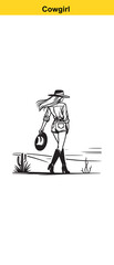 Western Cowgirl Vector Illustration – Stylish Black & White Fashion Portrait