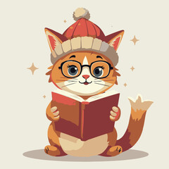Cute kitty cartoon drawing with a book and a fish, perfect for a fun animal illustration design