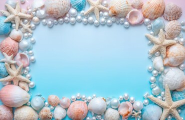 Fototapeta premium Underwater scene with blue hue gradient, pinkish-white top right. Rectangular frame with beige pebbles border holds various size, color pearls. Starfish, large clam with white, beige pattern visible.