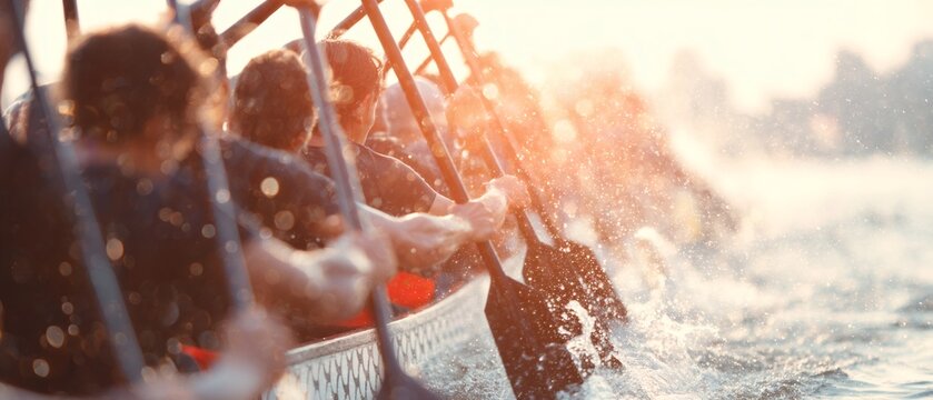Dragon boat racing team paddling in synchronized stroke at sunset