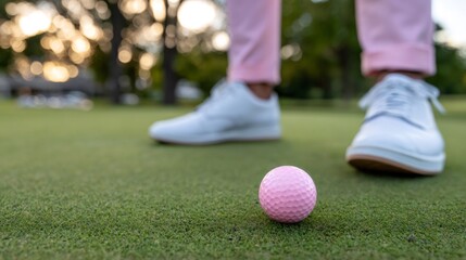 Golfer aiming pink golf ball on putting green at sunset