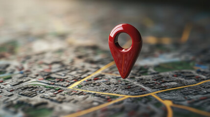 Rendering a map model featuring a prominent red location marker in urban environment from aerial view
