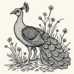 A charming vector cartoon illustration of a peacock amidst a collection of delightful farm birds and poultry, showcasing a blend of nature's art and funny, cute animal designs