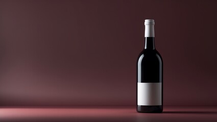 Elegant dark glass bottle of red wine with blank label on a textured burgundy background