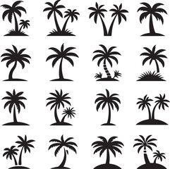 Palm tree silhouettes on a tropical summer landscape with beach and nature elements