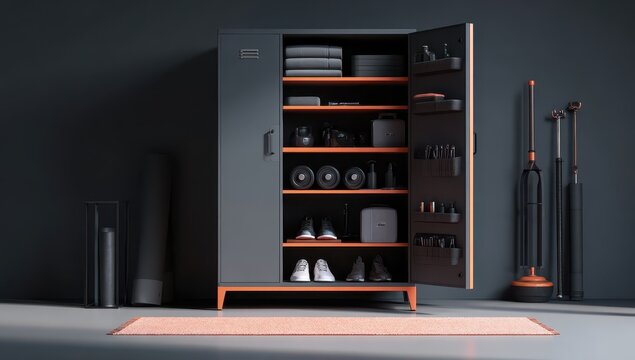Open dark gray cabinet, orange accents, filled with workout gear